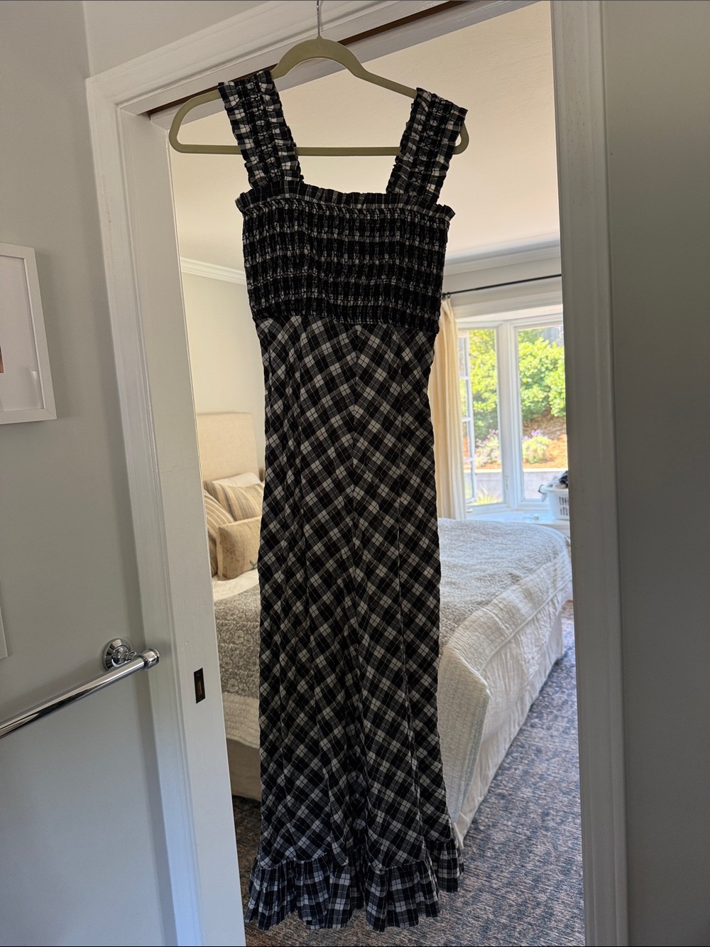 Ganni Black and White Checked Smocked Top